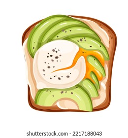 Toast with egg and avocado vector illustration. Cartoon isolated toasted whole wheat or rye bread with slices of avocado, poached egg and soft cheese, top view of sandwich for balanced breakfast svg