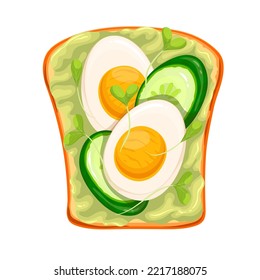 Toast with egg and avocado vector illustration. Cartoon isolated toasted bread with slices of boiled eggs with yolk, sliced cucumber, microgreens and mashed avocado, top view of morning sandwich