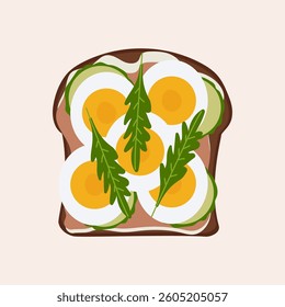 Toast with egg, rucola and paste. Top view. Cartoon isolated vector illustration. 
