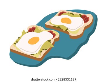 Toast with egg and salad on cutting board concept. Sandwiches with vegetables. Tasty and healthy food on blue plate. Cartoon flat vector illustration isolated on white background