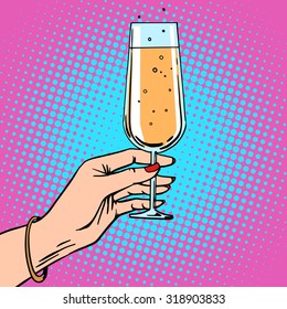 Toast - a female hand with glass of champagne at celebration party. Theme birthday or New year. Retro style pop art