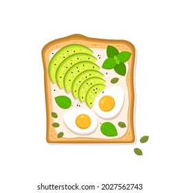 Toast in flat style. Healthy toast with avocado and eggs on white background. Cute vector illustration.