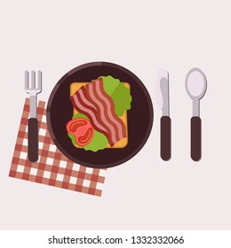 Toast with fried bacon, green salad and tomato served on a plate with fork, knife, spoon and napkin. Healthy food. Vector illustration.
