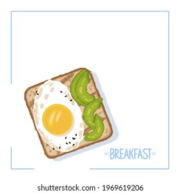 Toast with fried egg and avocado slices vector illustration. Banner healthy breakfast concept on white background.