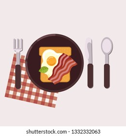 Toast with fried egg and fried bacon served on a plate with fork, knife, spoon and napkin. Healthy food. Vector illustration.