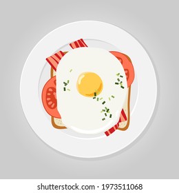 Toast with fried egg, bacon, tomato on white circle plate. Snack. Vector illustration isolated on grey background. Flat design style for menu, cafe, restaurant, poster, banner, emblem, sticker