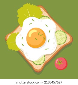 Toast with fried egg and herbs on top. Vector illustration.