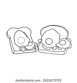 Toast with fried egg isolated on white background. Hand drawn vector illustration in doodle style. Perfect for various designs, cards, decorations, logos, menus, recipes. Coloring page