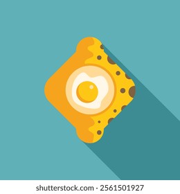 Toast with fried egg in the middle, simple icon in flat style with long shadow on turquoise blue background