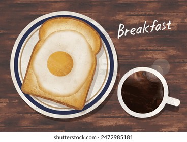 Toast with fried egg on top and coffee Acrylic painting