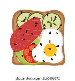 tostadas con huevo frito, pescado rojo y aguacate para el desayuno. Ilustración plana de vector de arena