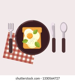 Toast with fried egg served on a plate with fork, knife, spoon and napkin. Healthy food. Vector illustration.
