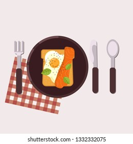 Toast with fried egg and smoked salmon served on a plate with fork, knife, spoon and napkin. Healthy food. Vector illustration.