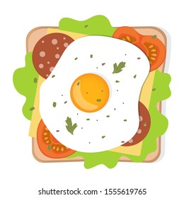 Toast with fried egg and vegetables. Sandwich with bread, egg, cheese, tomato, sausage, herbs and spices. Best for breakfast. Vector illustration