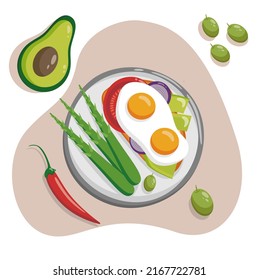 Toast with fried egg and vegetables. Vector flat illustration of healthy breakfast. Sandwich with egg, avocado, asparagus, tomatoes, onions. Top view. Flat lay.