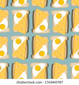 Toast with fried eggs and cheese pattern on blue background. vector illustration.