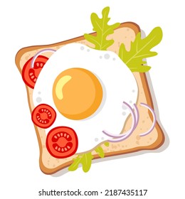 Toast with fried eggs, herbs and tomatoes. View from above. Vector illustration.