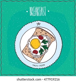 Toast with fried eggs, tomatoes and herbs, on the plate. Top view. Breakfast concept. Cyan background. Handmade cartoon style