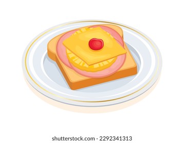 Toast Hawaii with pineapple, ham, cheese and maraschino cherry icon vector. Hawaiian toast on a plate icon vector isolated on a white background. Toasted bread sandwich illustration