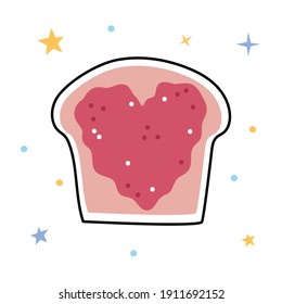Toast with heart-shaped jam in modern pastel colors. Picture for Valentine's Day. Romantic mood. Stylish picture in flat style.
