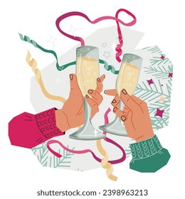 Toast to holiday and celebrate Christmas and New Year. Toasting of celebration or party, hands raise glasses and clink them together, design for banner and invitation, vector illustration isolated.
