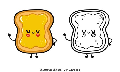 Toast with honey characters bundle set. Vector hand drawn cartoon kawaii illustration. Cute Toast with honey. Outline cartoon illustration for coloring book