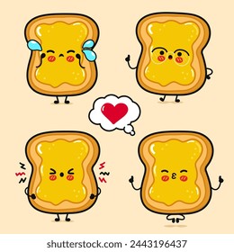 Toast with honey characters bundle set. Vector hand drawn doodle style character illustration. Isolated brown background. Toast with honey mascot character