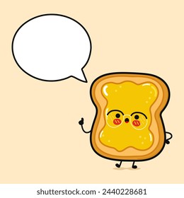 Toast with honey with speech bubble. Vector hand drawn cartoon kawaii character illustration icon. Isolated on brown background. Toast with honey concept