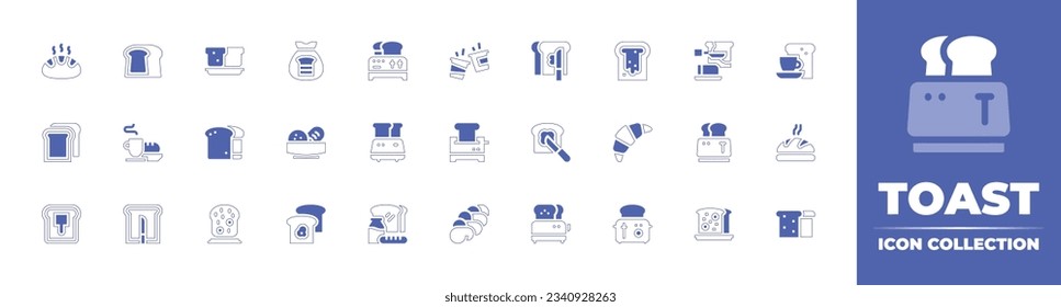 Toast icon collection. Duotone style line stroke and bold. Vector illustration. Containing bread, toast, breakfast, french toast, toaster, spread, croissant, food, challah, flat bread, and more.