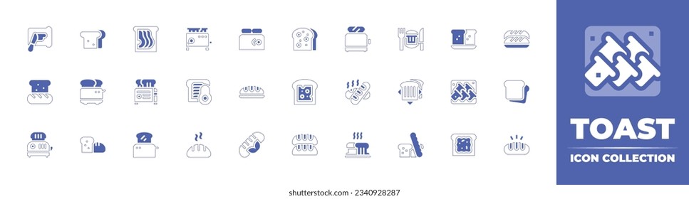 Toast icon collection. Duotone style line stroke and bold. Vector illustration. Containing spreading, sandwich, toast, toaster, bread, breakfast, flat bread, cheese bread, plain loaf, and more.