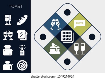 toast icon set. 13 filled toast icons.  Simple modern icons about  - Waffle, Toaster, Cinnamon roll, Champagne, Toast, Bread, Bravo, Pancake