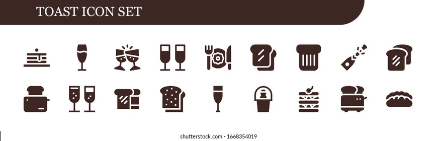 toast icon set. 18 filled toast icons.  Simple modern icons such as: Pancakes, Champagne, Toast, Breakfast, Bread, Toaster, Waffle