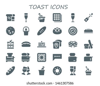 toast icon set. 30 filled toast icons.  Simple modern icons about  - Bread, Champagne, Ice bucket, Waffle, Cinnamon roll, Pancakes, Toast, Toaster, Bravo, Bagel