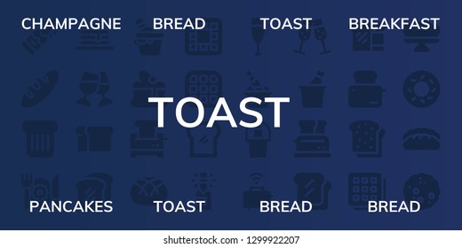  toast icon set. 32 filled toast icons. on blue background style Simple modern icons about  - Champagne, Bread, Toast, Breakfast, Pancakes, Ice bucket, Pancake, Toaster, Waffle