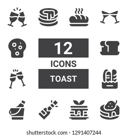 toast icon set. Collection of 12 filled toast icons included Pancake, Champagne, Ice bucket, Bread, Toast, Cheers, Baguette