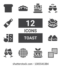 toast icon set. Collection of 12 filled toast icons included Waffle, Pancake, Cheers, Bun, Breakfast, Bread, Champagne, Toast, Pancakes