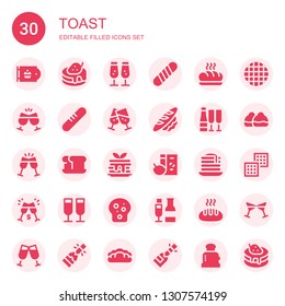toast icon set. Collection of 30 filled toast icons included Bakery, Pancake, Champagne, Baguette, Cheers, Bread, Toast, Breakfast, Waffle, Bun, Toaster