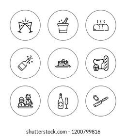 Toast icon set. collection of 9 outline toast icons with bread, breakfast, champagne, ice bucket, pancake icons. editable icons.