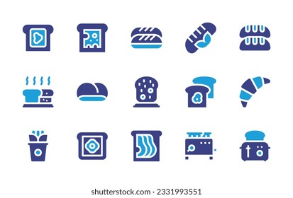 Toast icon set. Duotone color. Vector illustration. Containing toast, bread, plain loaf, french toast, croissant, cup toast, toaster. 