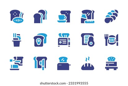 Toast icon set. Duotone color. Vector illustration. Containing starch, bread, breakfast, food, challah, cup toast, toast, toaster. 