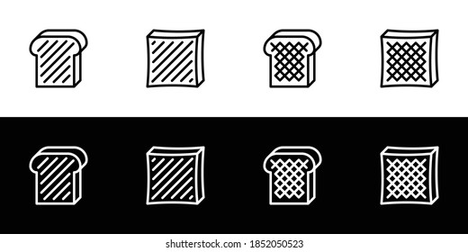 Toast icon set. Flat design icon collection isolated on black and white background. Slice of white bread toast.