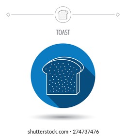 Toast icon. Sliced bread piece sign. Bakery symbol. Blue flat circle button. Linear icon with shadow. Vector