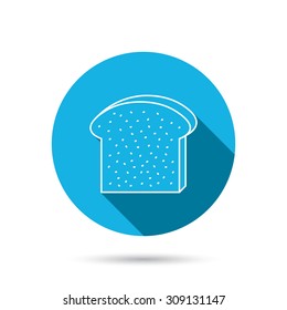 Toast icon. Sliced bread piece sign. Bakery symbol. Blue flat circle button with shadow. Vector