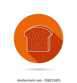Toast icon. Sliced bread piece sign. Bakery symbol. Round orange web button with shadow.