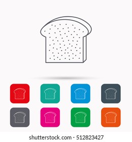 Toast icon. Sliced bread piece sign. Bakery symbol. Linear icons in squares on white background. Flat web symbols. Vector