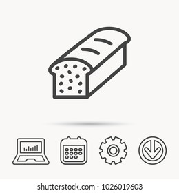 Toast icon. Sliced bread sign. Bakery symbol. Notebook, Calendar and Cogwheel signs. Download arrow web icon. Vector