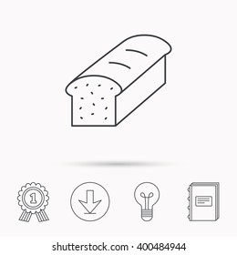 Toast icon. Sliced bread sign. Bakery symbol. Download arrow, lamp, learn book and award medal icons.