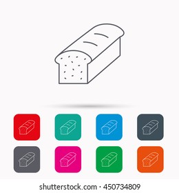 Toast icon. Sliced bread sign. Bakery symbol. Linear icons in squares on white background. Flat web symbols. Vector