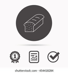 Toast icon. Sliced bread sign. Bakery symbol. Report document, winner award and tick. Round circle button with icon. Vector