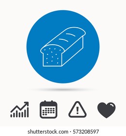 Toast icon. Sliced bread sign. Bakery symbol. Calendar, attention sign and growth chart. Button with web icon. Vector